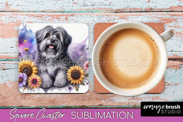 Tibetan Terrier Square Coaster - Dog Mom Floral Coaster Sublimation Sublimation OrangeBrushStudio 