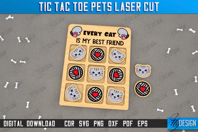 Tic Tac Toe Laser Cut | Home Pets | Classic Game | Noughts and Crosses | Board Game | CNC File SVG Fly Design 