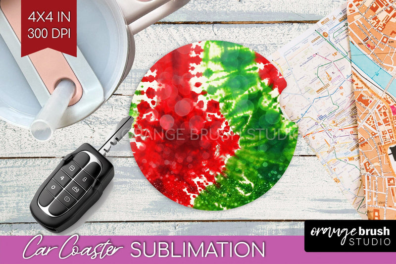 Tie Dye Christmas Car Coaster, Glitter Coaster Sublimatoin Sublimation OrangeBrushStudio 