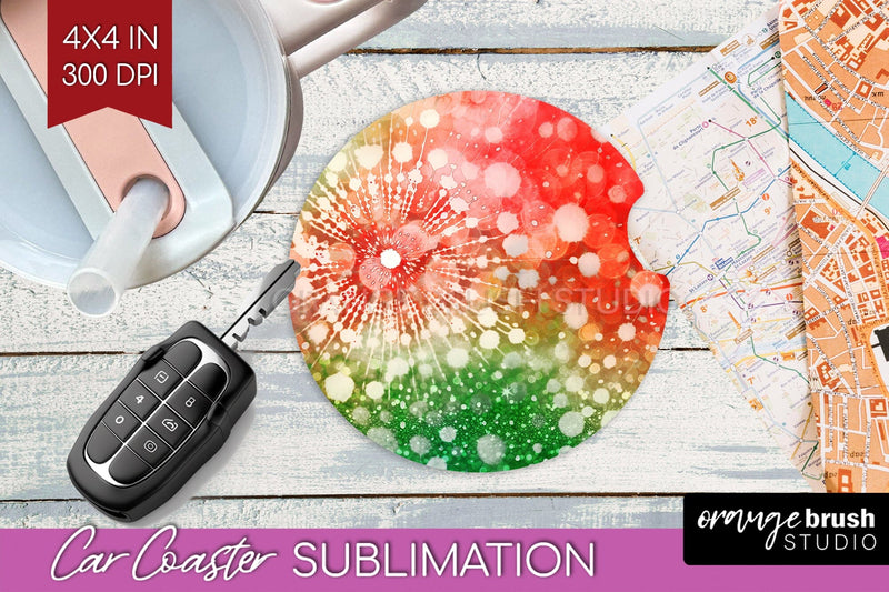 Tie Dye Christmas Car Coaster, Glitter Coaster Sublimatoin Sublimation OrangeBrushStudio 