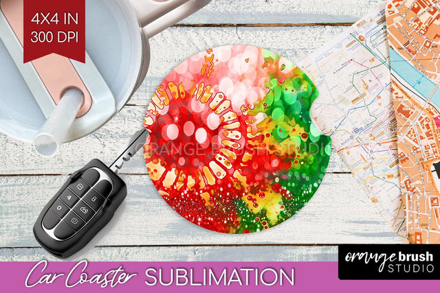 Tie Dye Christmas Car Coaster, Glitter Coaster Sublimatoin Sublimation OrangeBrushStudio 