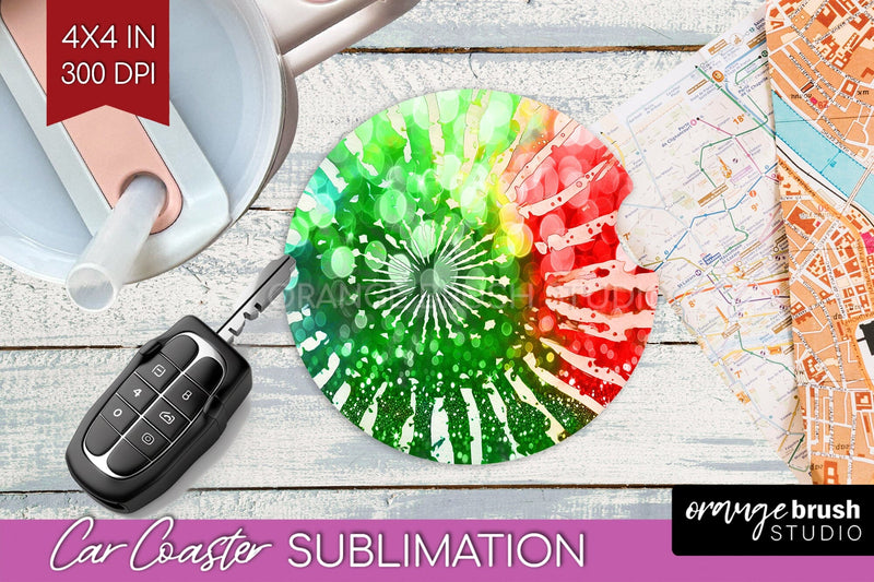 Tie Dye Christmas Car Coaster, Glitter Coaster Sublimatoin Sublimation OrangeBrushStudio 