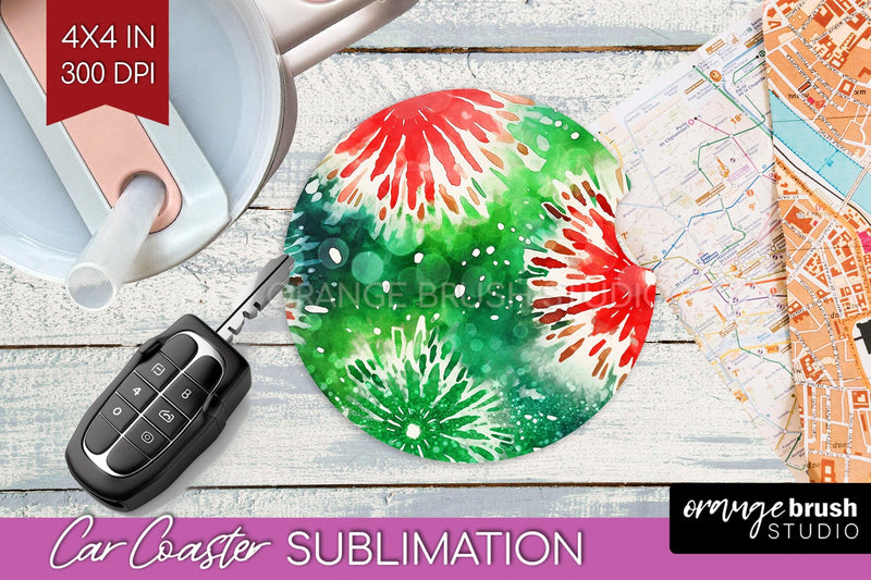 Tie Dye Christmas Car Coaster, Glitter Coaster Sublimatoin Sublimation OrangeBrushStudio 