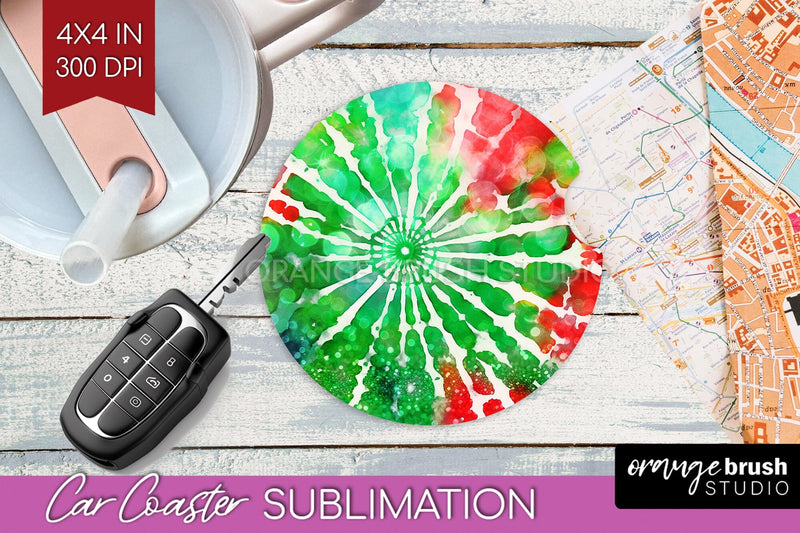 Tie Dye Christmas Car Coaster, Glitter Coaster Sublimatoin Sublimation OrangeBrushStudio 