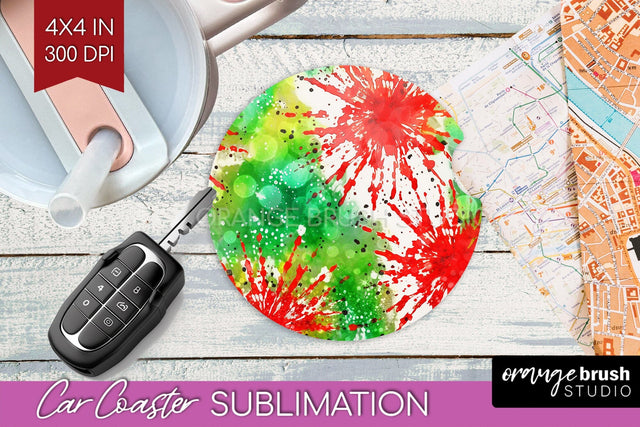 Tie Dye Christmas Car Coaster, Glitter Coaster Sublimatoin Sublimation OrangeBrushStudio 