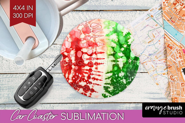 Tie Dye Christmas Car Coaster, Glitter Coaster Sublimatoin Sublimation OrangeBrushStudio 
