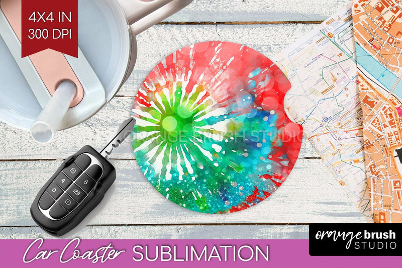 Tie Dye Christmas Car Coaster, Glitter Coaster Sublimatoin Sublimation OrangeBrushStudio 