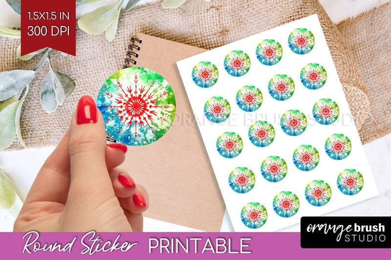 Tie Dye Christmas Round Sticker - Glitter Printable Stickers Sublimation OrangeBrushStudio 