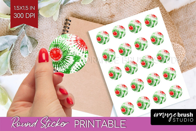 Tie Dye Christmas Round Sticker - Glitter Printable Stickers Sublimation OrangeBrushStudio 