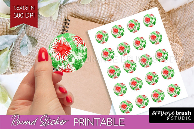Tie Dye Christmas Round Sticker - Glitter Printable Stickers Sublimation OrangeBrushStudio 