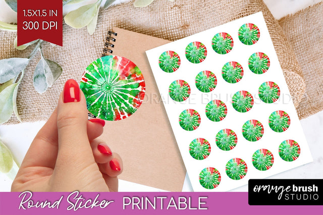 Tie Dye Christmas Round Sticker - Glitter Printable Stickers Sublimation OrangeBrushStudio 