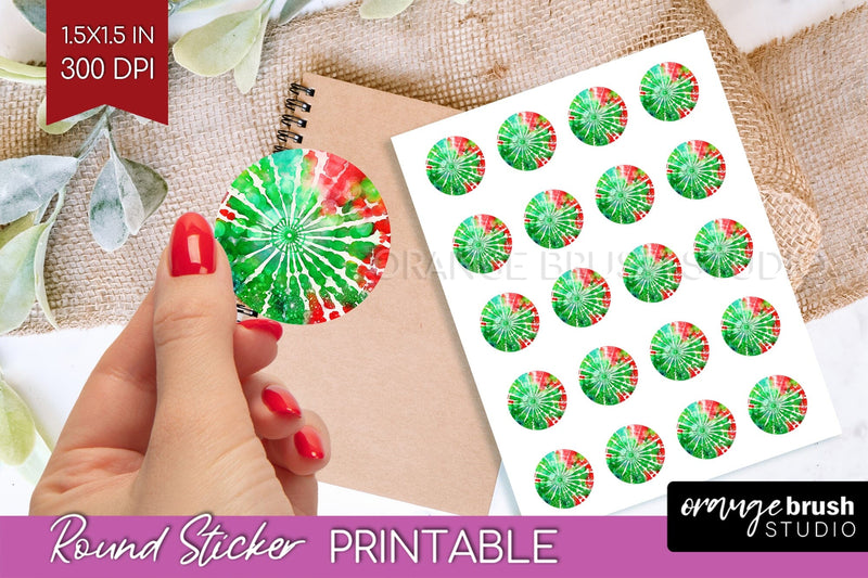 Tie Dye Christmas Round Sticker - Glitter Printable Stickers Sublimation OrangeBrushStudio 