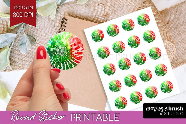 Tie Dye Christmas Round Sticker - Glitter Printable Stickers Sublimation OrangeBrushStudio 