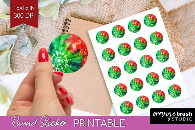 Tie Dye Christmas Round Sticker - Glitter Printable Stickers Sublimation OrangeBrushStudio 