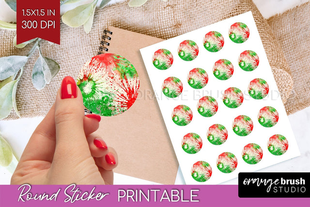 Tie Dye Christmas Round Sticker - Glitter Printable Stickers Sublimation OrangeBrushStudio 