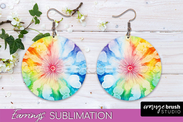 Tie Dye Earrings - Rainbow Round Earring Sublimation Sublimation OrangeBrushStudio 