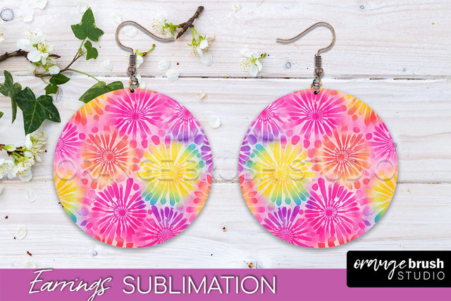Tie Dye Earrings - Rainbow Round Earring Sublimation Sublimation OrangeBrushStudio 