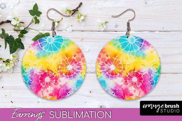 Tie Dye Earrings - Rainbow Round Earring Sublimation Sublimation OrangeBrushStudio 