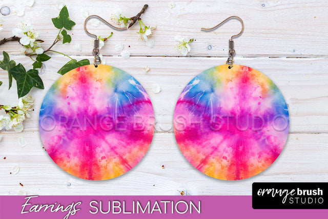 Tie Dye Earrings - Rainbow Round Earring Sublimation Sublimation OrangeBrushStudio 