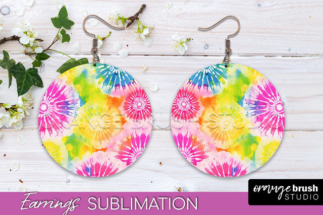 Tie Dye Earrings - Rainbow Round Earring Sublimation Sublimation OrangeBrushStudio 