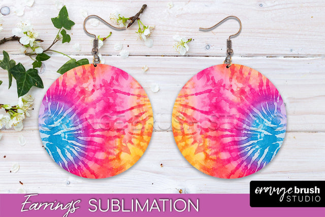 Tie Dye Earrings - Rainbow Round Earring Sublimation Sublimation OrangeBrushStudio 