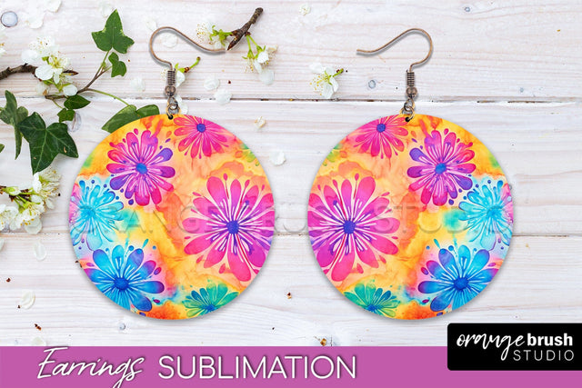 Tie Dye Earrings - Rainbow Round Earring Sublimation Sublimation OrangeBrushStudio 
