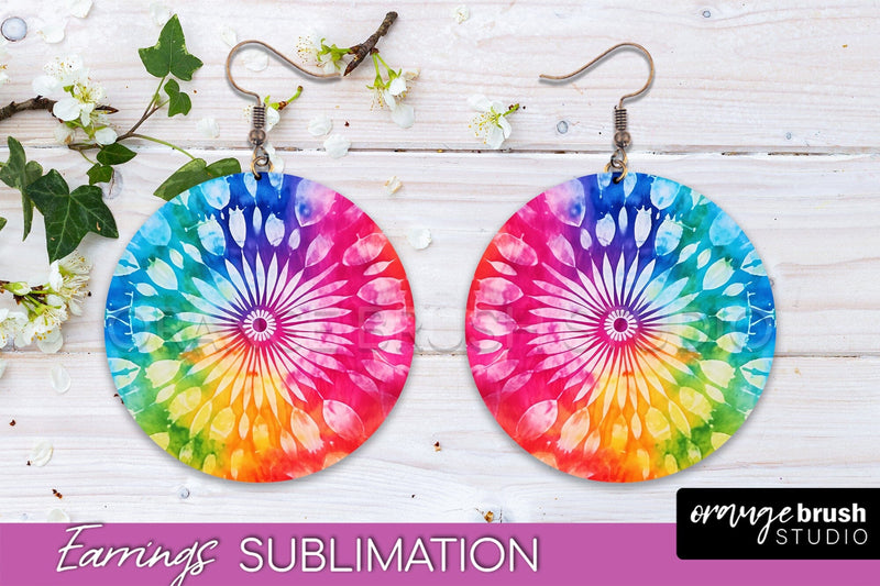 Tie Dye Earrings - Rainbow Round Earring Sublimation Sublimation OrangeBrushStudio 
