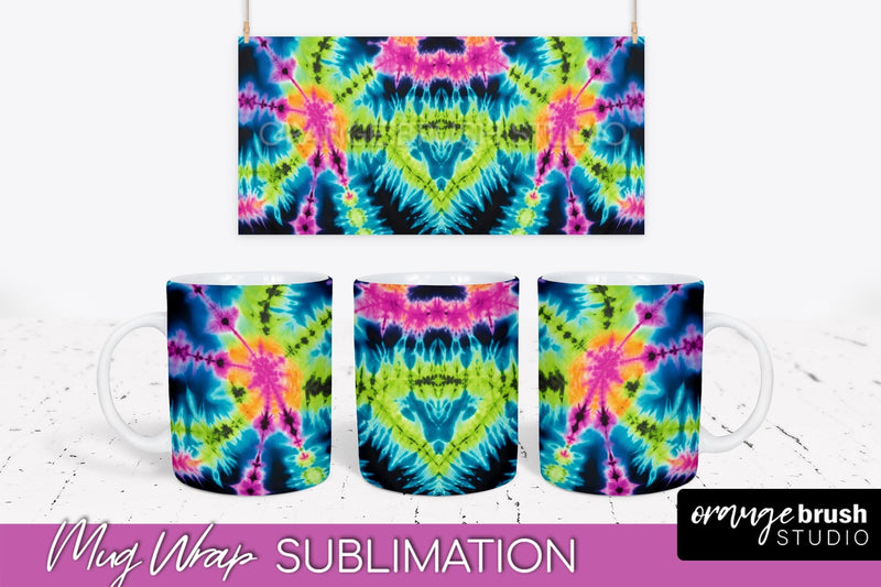 Tie Dye Mug Wrap - Neon Rainbow Mug PNG Sublimation Sublimation OrangeBrushStudio 