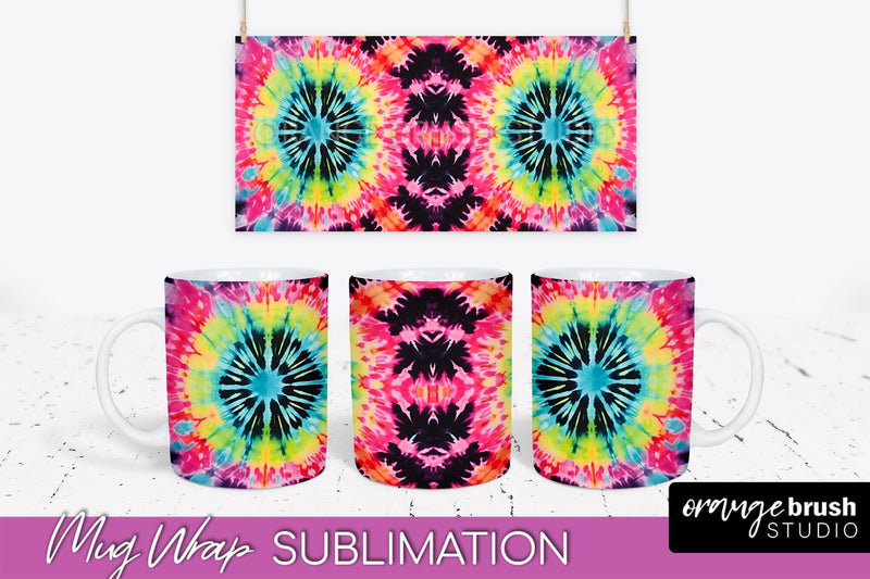 Tie Dye Mug Wrap - Neon Rainbow Mug PNG Sublimation Sublimation OrangeBrushStudio 