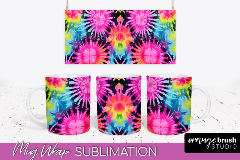 Tie Dye Mug Wrap - Neon Rainbow Mug PNG Sublimation Sublimation OrangeBrushStudio 