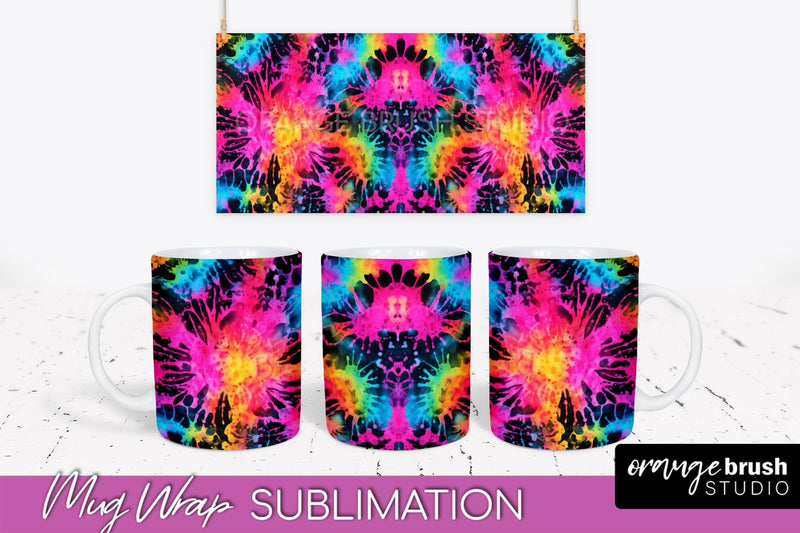 Tie Dye Mug Wrap - Neon Rainbow Mug PNG Sublimation Sublimation OrangeBrushStudio 