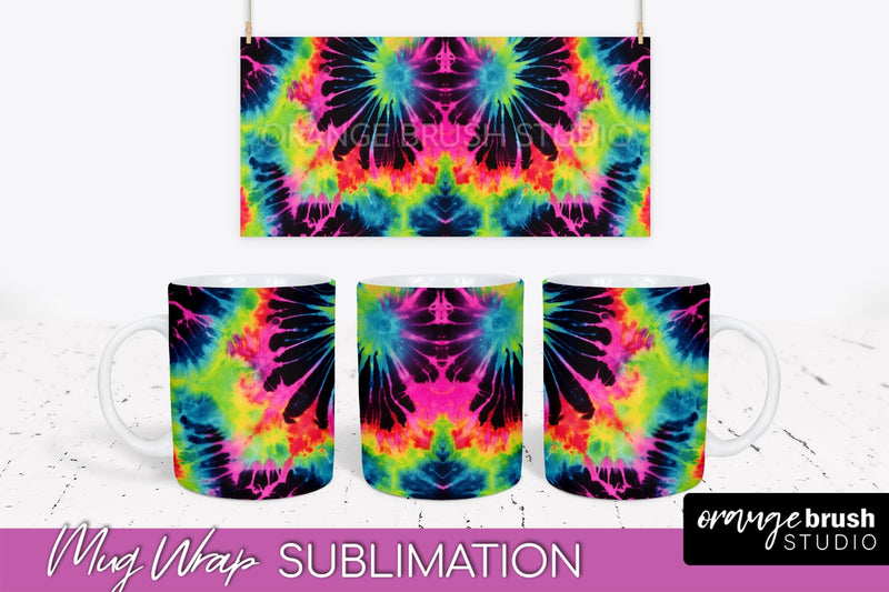 Tie Dye Mug Wrap - Neon Rainbow Mug PNG Sublimation Sublimation OrangeBrushStudio 