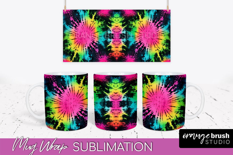 Tie Dye Mug Wrap - Neon Rainbow Mug PNG Sublimation Sublimation OrangeBrushStudio 