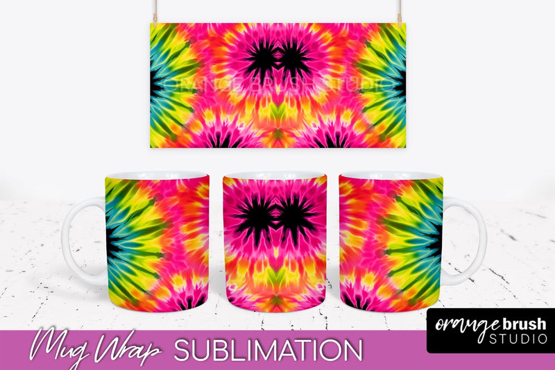 Tie Dye Mug Wrap - Neon Rainbow Mug PNG Sublimation Sublimation OrangeBrushStudio 