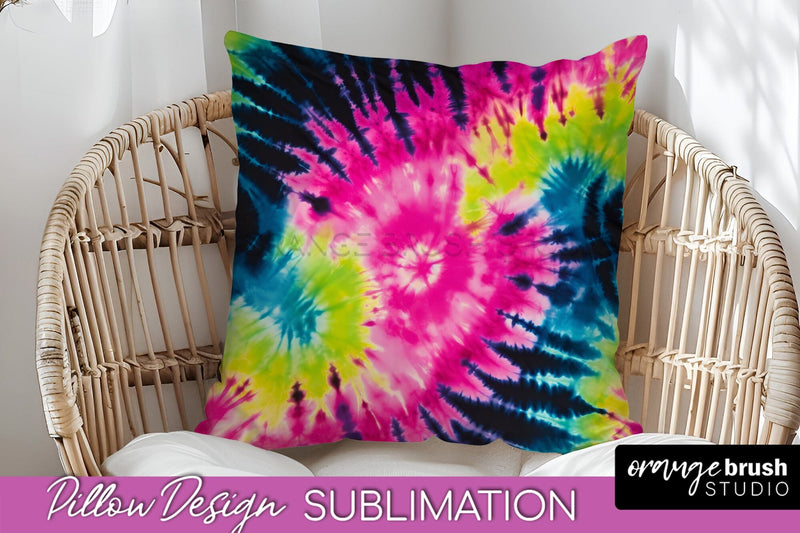 Tie Dye Pillow Sublimation - Neon Rainbow Pillow Cover PNG Sublimation OrangeBrushStudio 