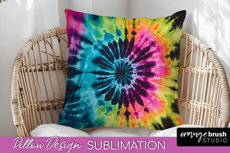 Tie Dye Pillow Sublimation - Neon Rainbow Pillow Cover PNG Sublimation OrangeBrushStudio 