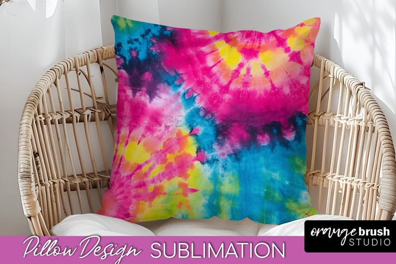 Tie Dye Pillow Sublimation - Neon Rainbow Pillow Cover PNG Sublimation OrangeBrushStudio 