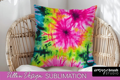 Tie Dye Pillow Sublimation - Neon Rainbow Pillow Cover PNG Sublimation OrangeBrushStudio 