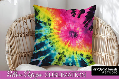Tie Dye Pillow Sublimation - Neon Rainbow Pillow Cover PNG Sublimation OrangeBrushStudio 
