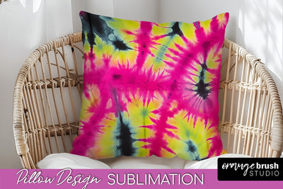 Tie Dye Pillow Sublimation - Neon Rainbow Pillow Cover PNG Sublimation OrangeBrushStudio 