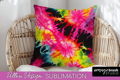 Tie Dye Pillow Sublimation - Neon Rainbow Pillow Cover PNG Sublimation OrangeBrushStudio 