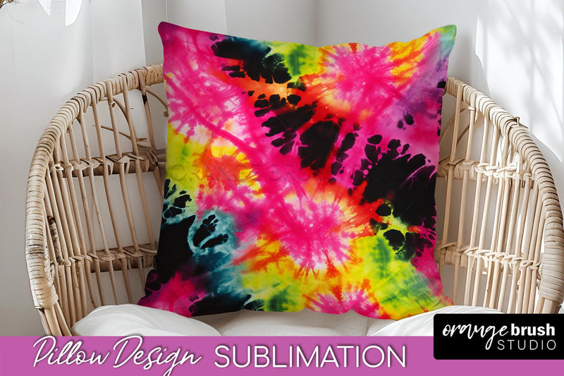 Tie Dye Pillow Sublimation - Neon Rainbow Pillow Cover PNG Sublimation OrangeBrushStudio 