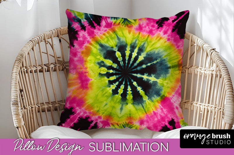 Tie Dye Pillow Sublimation - Neon Rainbow Pillow Cover PNG Sublimation OrangeBrushStudio 
