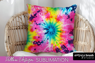 Tie Dye Pillow Sublimation - Neon Rainbow Pillow Cover PNG Sublimation OrangeBrushStudio 
