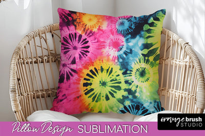 Tie Dye Pillow Sublimation - Neon Rainbow Pillow Cover PNG Sublimation OrangeBrushStudio 