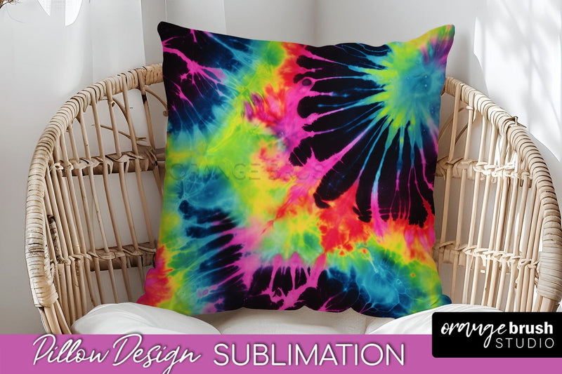 Tie Dye Pillow Sublimation - Neon Rainbow Pillow Cover PNG Sublimation OrangeBrushStudio 