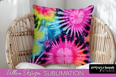 Tie Dye Pillow Sublimation - Neon Rainbow Pillow Cover PNG Sublimation OrangeBrushStudio 