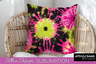Tie Dye Pillow Sublimation - Neon Rainbow Pillow Cover PNG Sublimation OrangeBrushStudio 