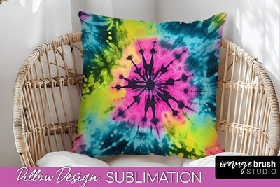 Tie Dye Pillow Sublimation - Neon Rainbow Pillow Cover PNG Sublimation OrangeBrushStudio 