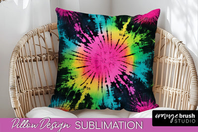 Tie Dye Pillow Sublimation - Neon Rainbow Pillow Cover PNG Sublimation OrangeBrushStudio 